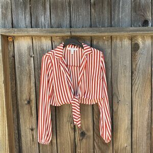 Red and White Striped Tie-Front Blouse